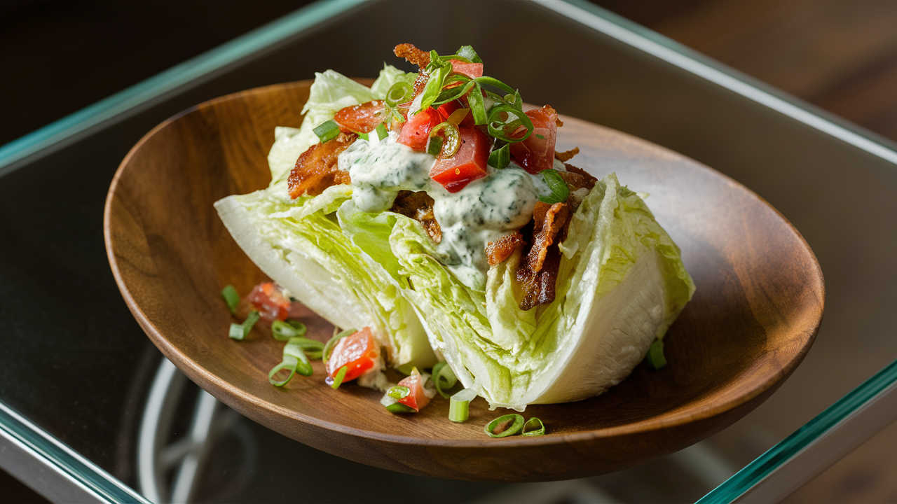 a beautiful photo of Blue Cheese Wedge Salad on a glass table in a wooden bowl