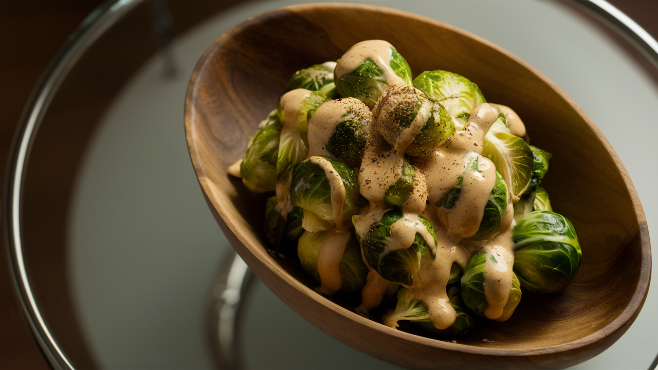 a beautiful photo of Cacio E Pepe Brussels Sprouts on a glass table in a wooden bowl