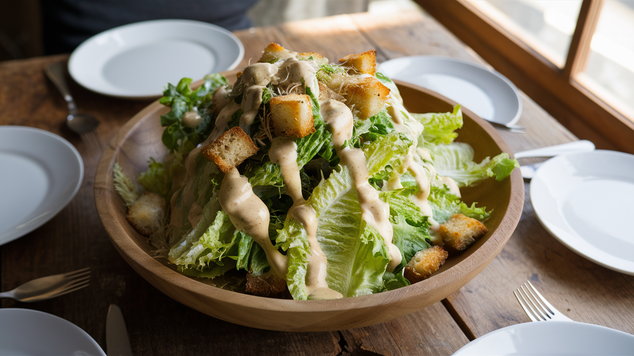 a beautiful photo of Caesar Salad as a side dish, on a bowl on a wood table