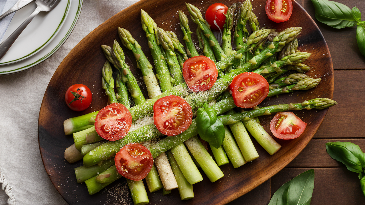 a beautiful photo of Caprese Asparagus Side as a side dish, on a bowl on a wood table