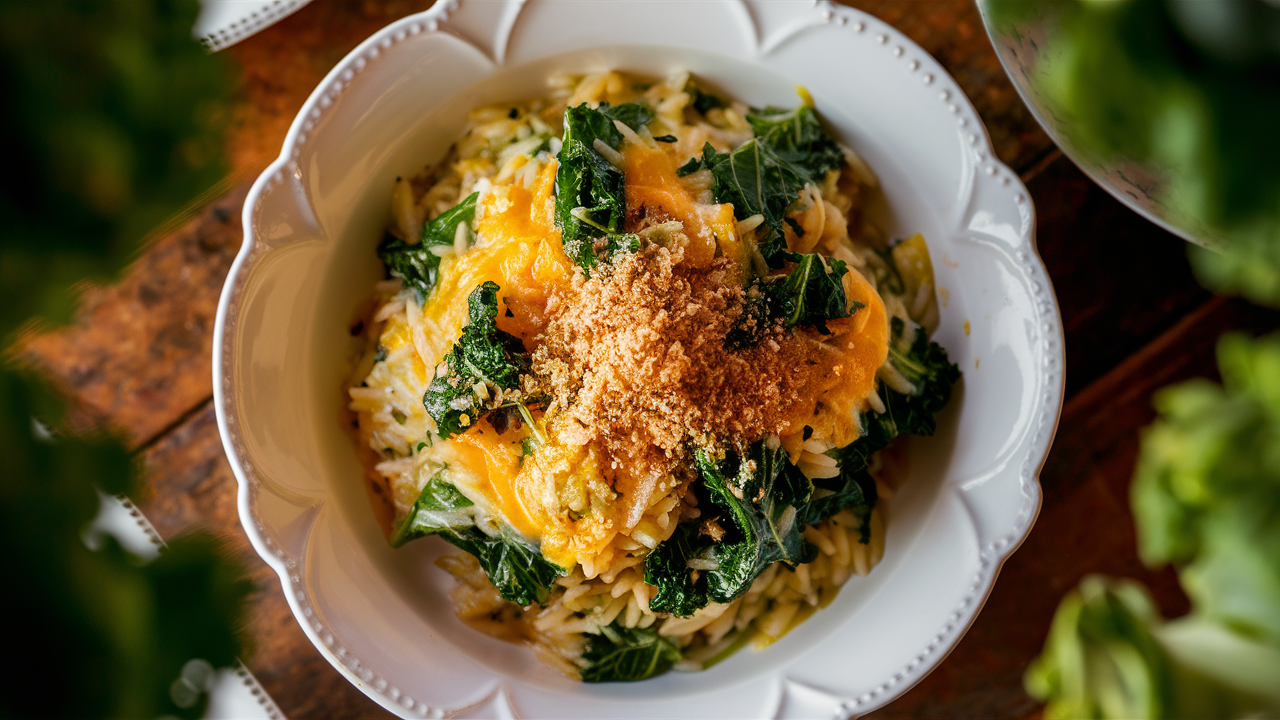 a beautiful photo of Cheesy Kale Orzo With Herbed Bread Crumbs as a side dish, on a bowl on a wood table