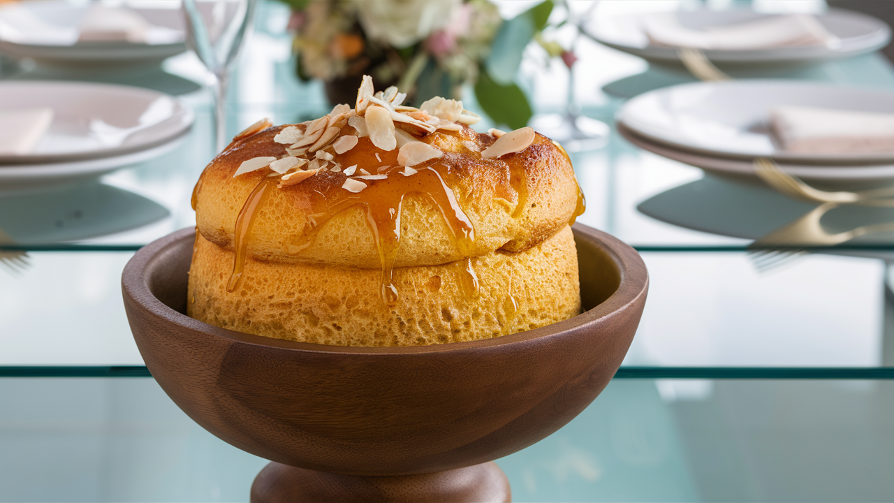 a beautiful photo of Corn Soufflé on a glass table in a wooden bowl