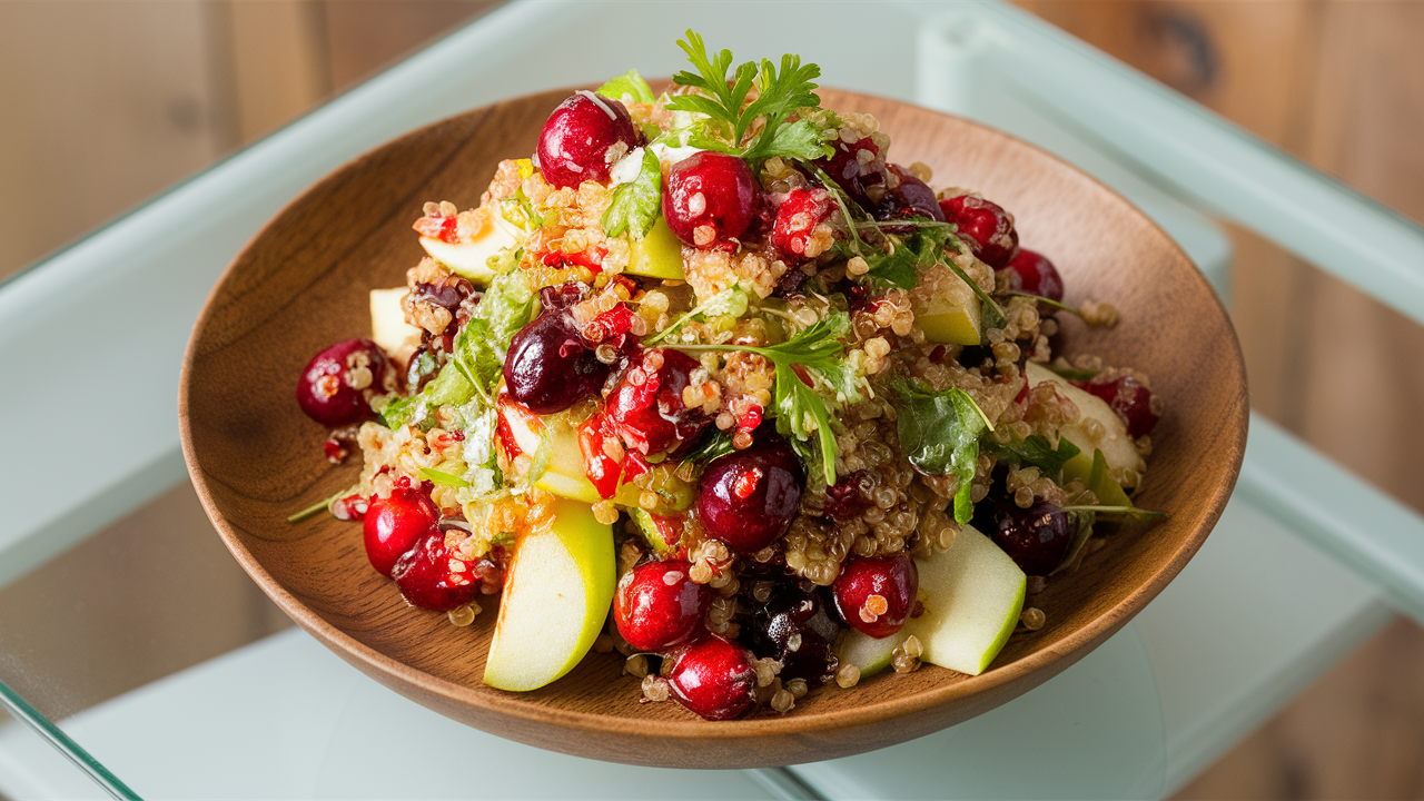 a beautiful photo of Cranberry Apple Quinoa Salad on a glass table in a wooden bowl