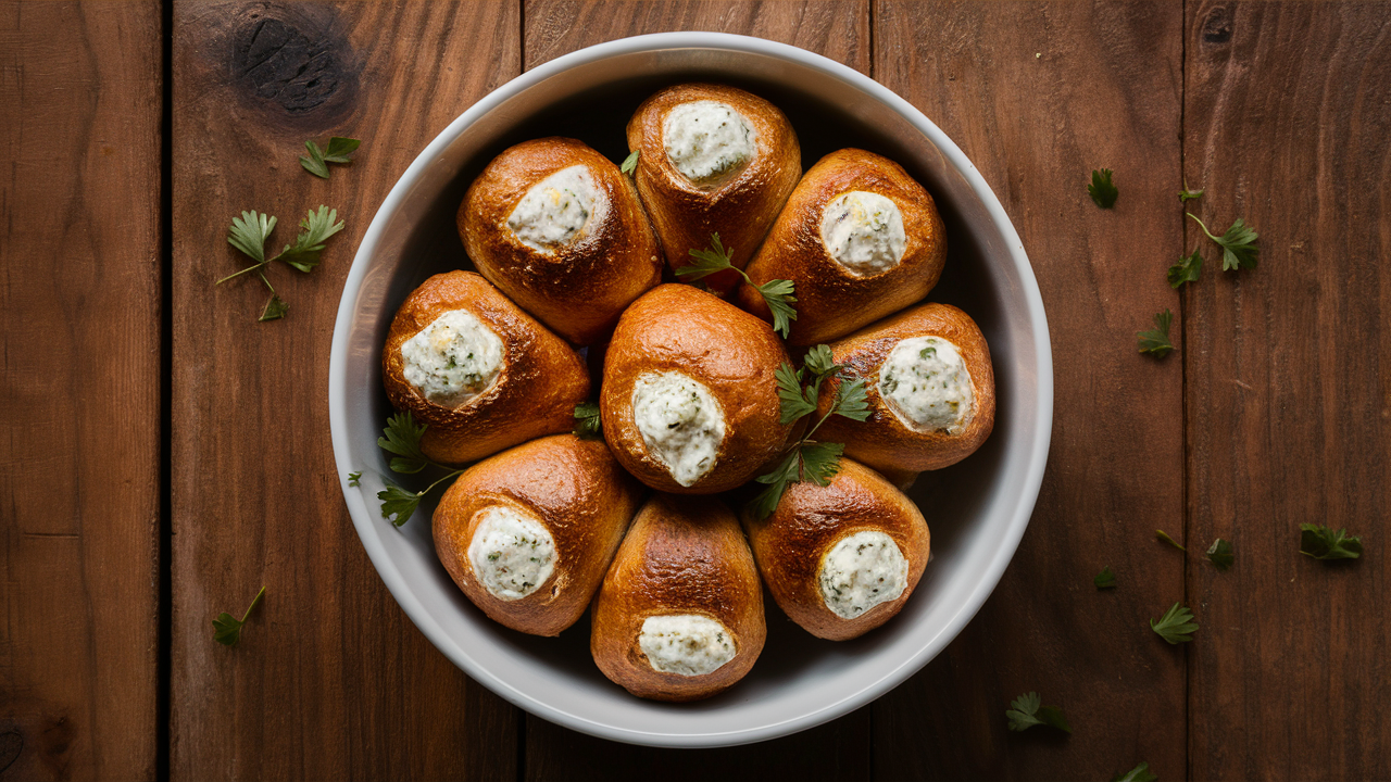 a beautiful photo of Goat Cheese-Stuffed Rolls as a side dish, on a bowl on a wood table