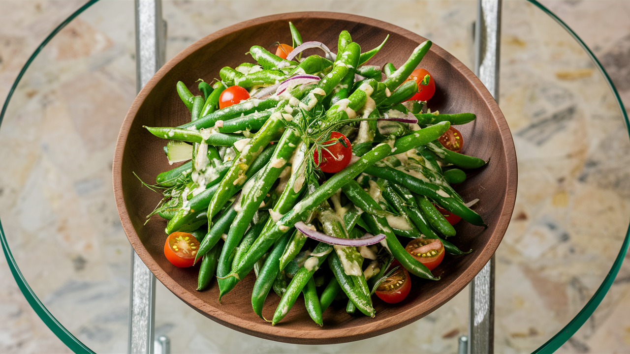 a beautiful photo of Green Bean Salad on a glass table in a wooden bowl