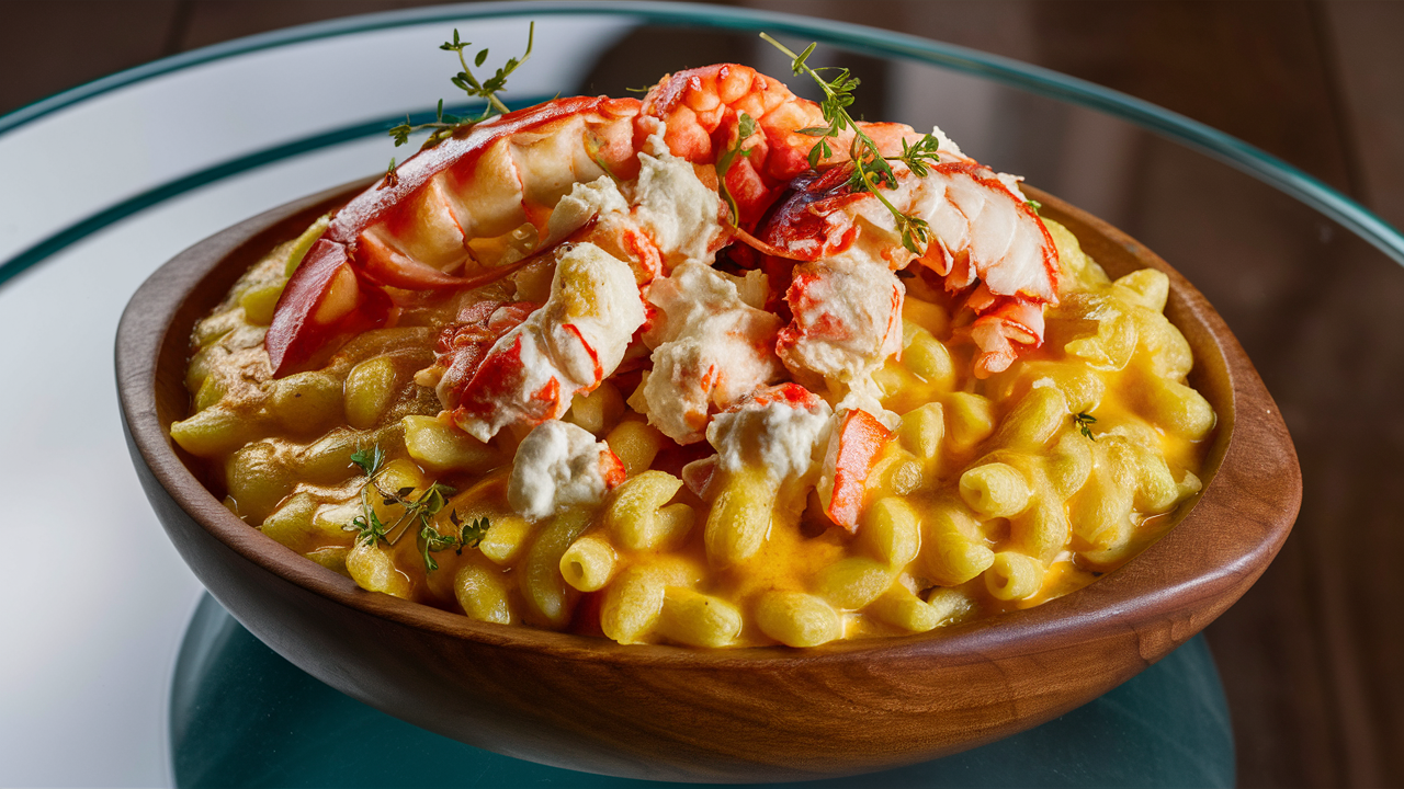 a beautiful photo of Lobster Mac and Cheese on a glass table in a wooden bowl