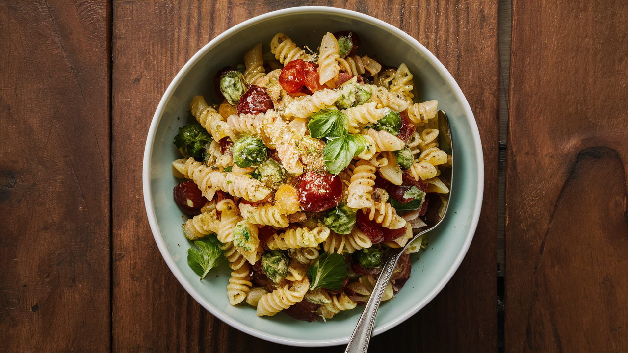 a beautiful photo of Mediterranean Pasta Salad as a side dish, on a bowl on a wood table