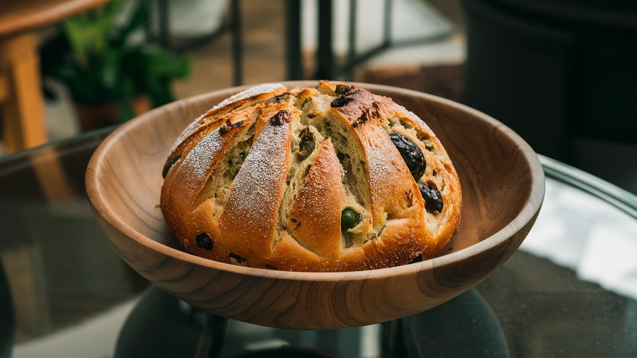 a beautiful photo of Olive Cheese Bread on a glass table in a wooden bowl