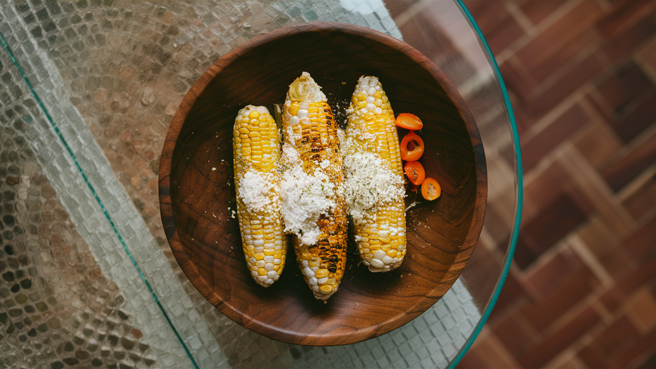 a beautiful photo of Roasted Corn with Cotija and Quicos on a glass table in a wooden bowl