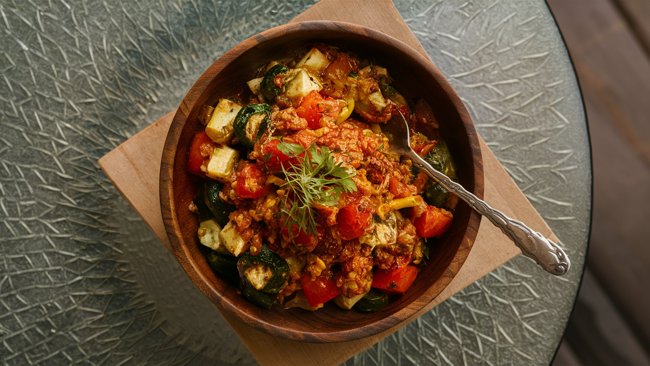 a beautiful photo of Ratatouille on a glass table in a wooden bowl