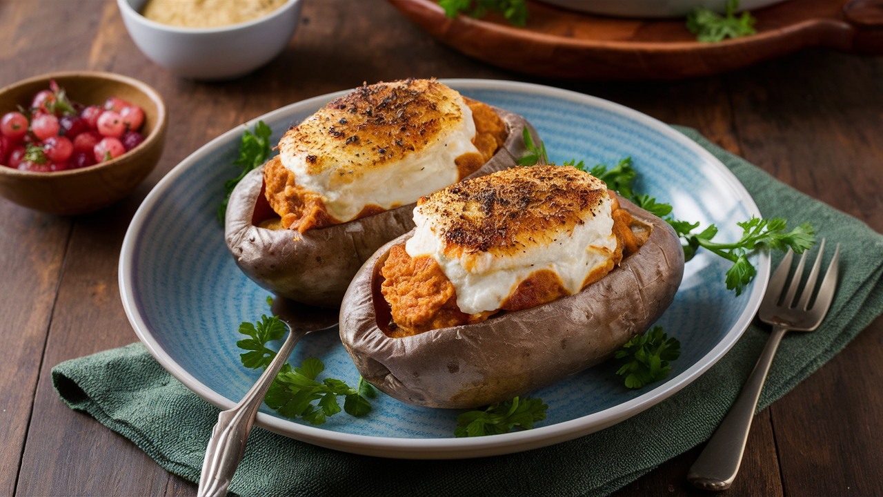 a beautiful photo of Overstuffed Twice-Baked Potatoes as a side dish, on a bowl on a wood table