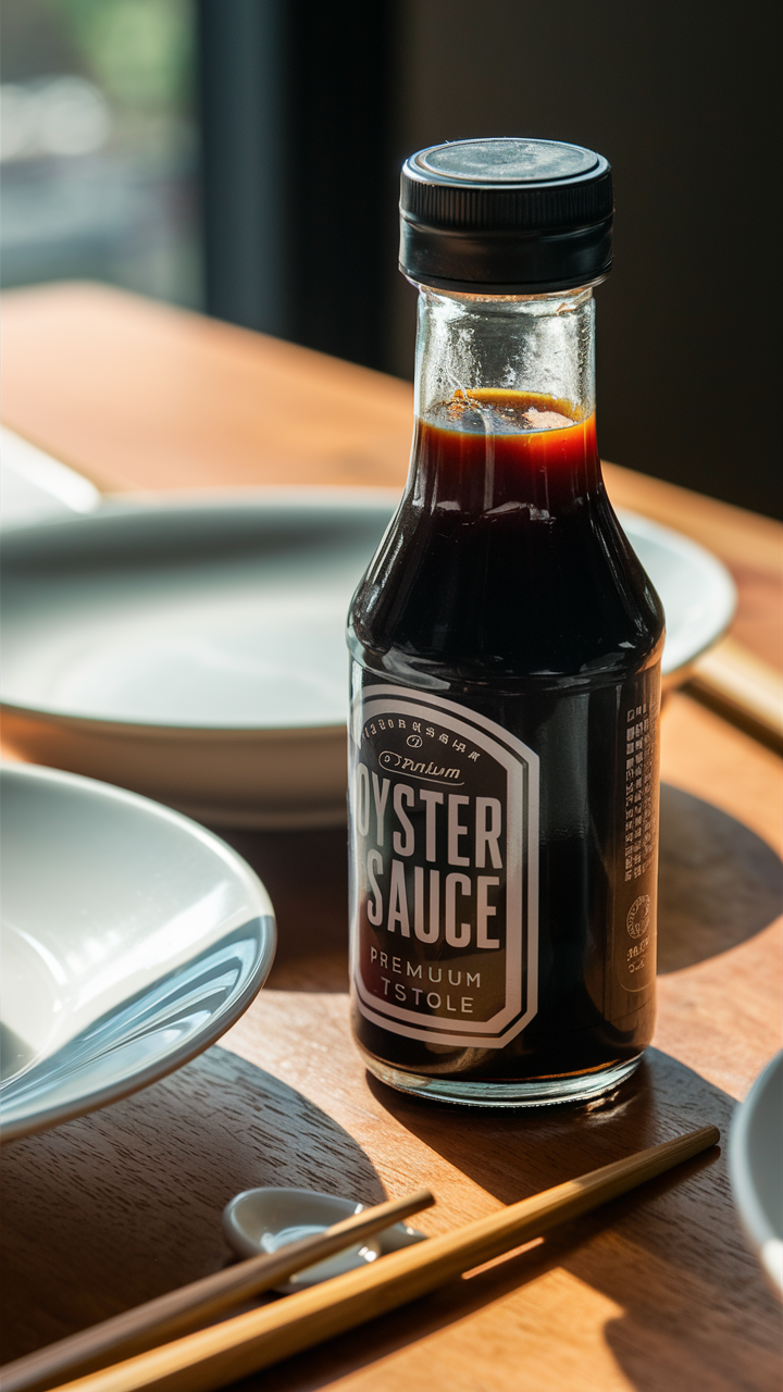 A bottle of Oyster sauce on a table