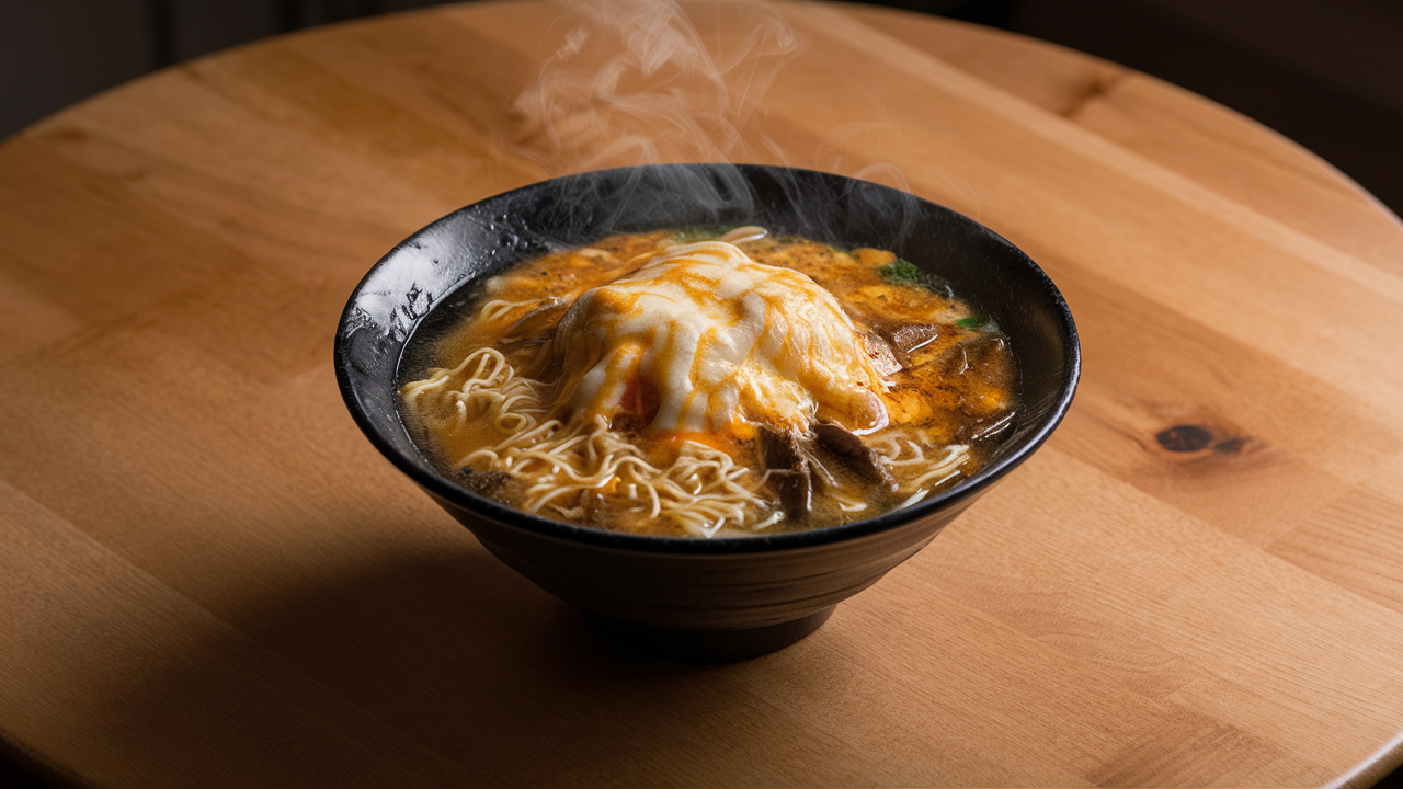 Cheese melted on ramen