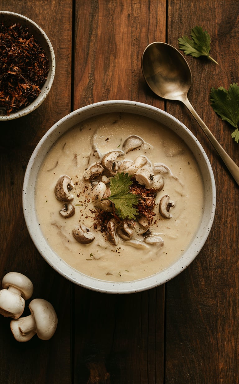 A bowl of delicious mushroom soup