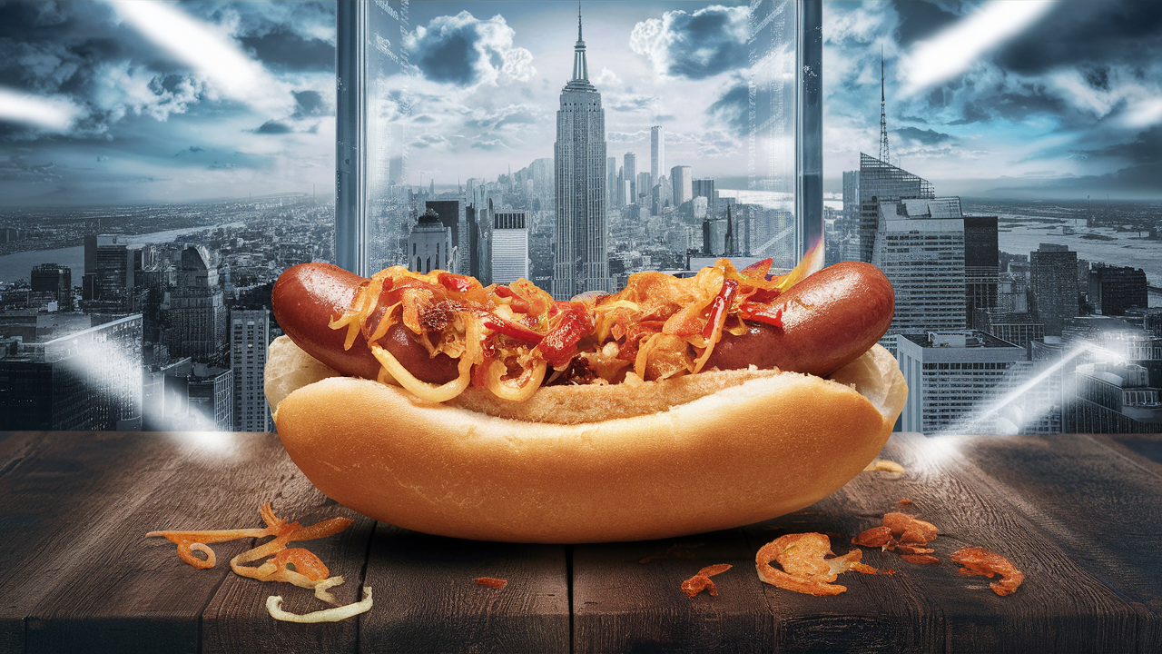 A hot dog with the NYC background 