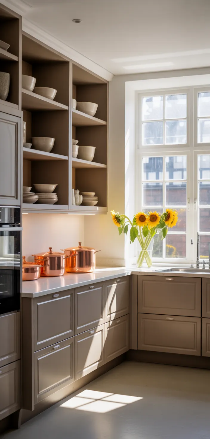 13. Greige with Open Shelving Cabinets