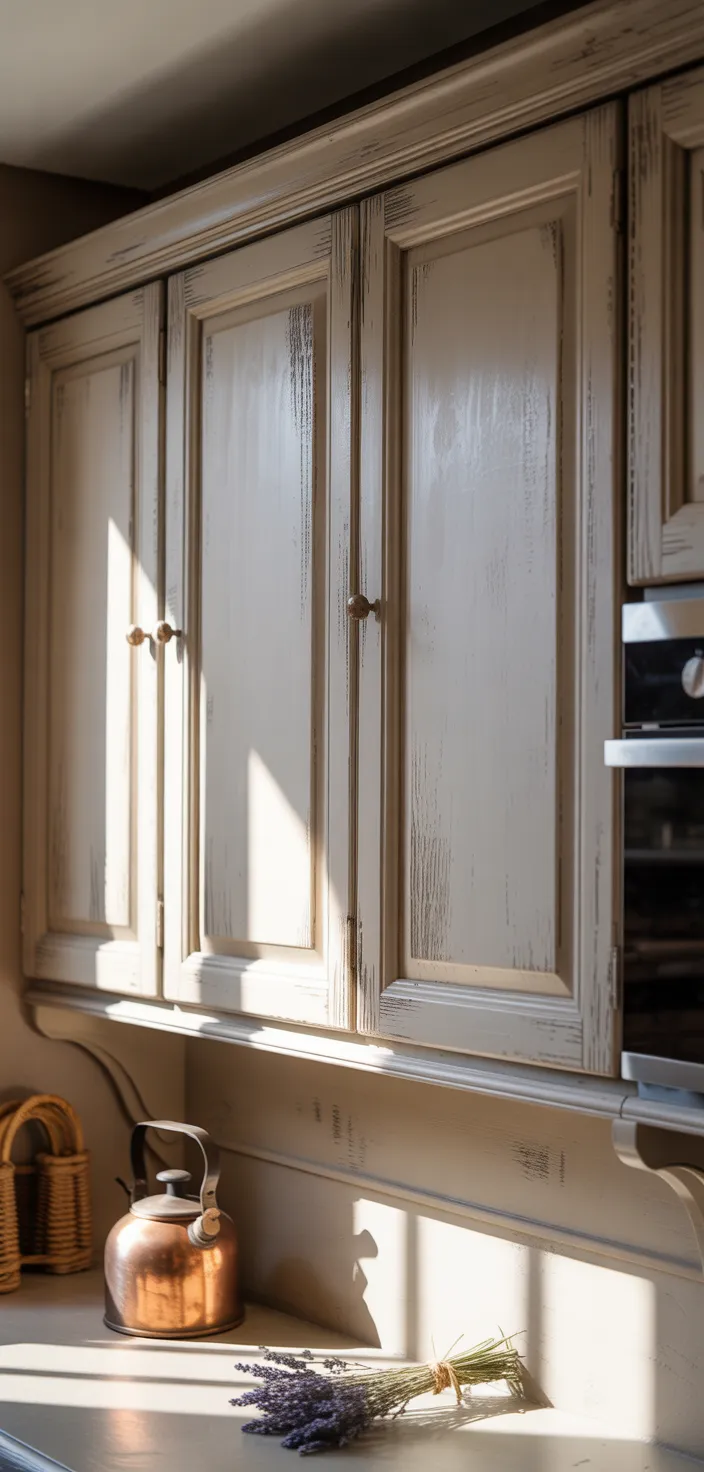 6. Distressed Greige Cabinets