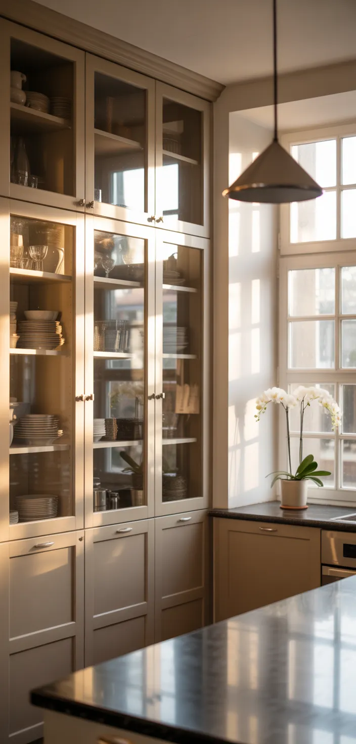 7. Glass-Front Greige Cabinets