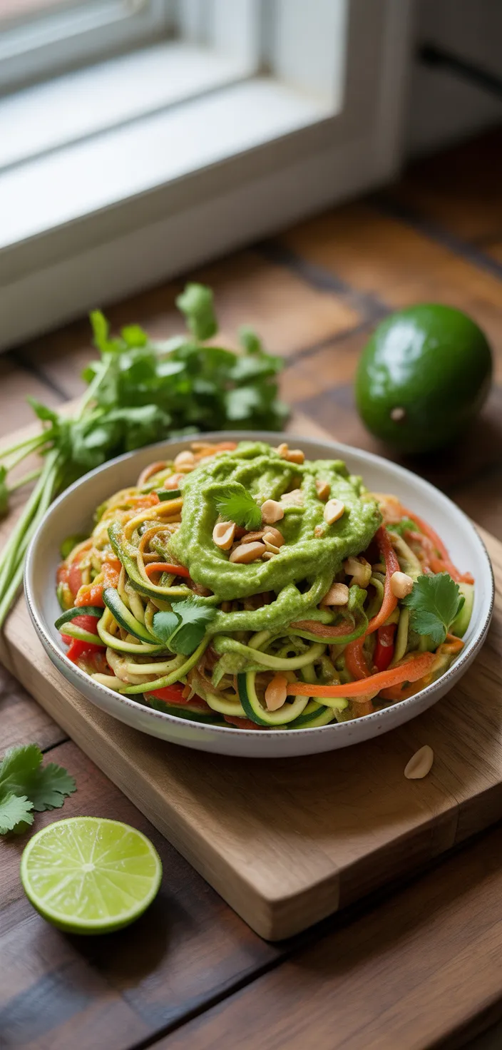 Zucchini Noodle Pad Thai with Avocado Lime Pesto