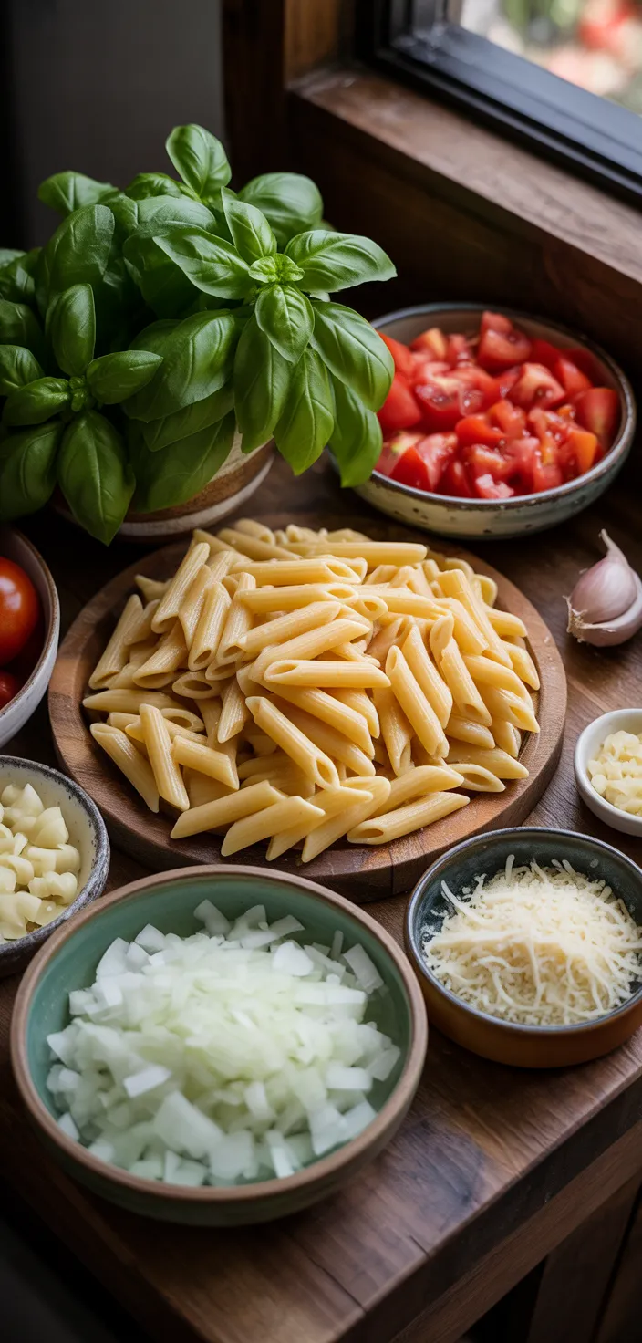 Ingredients photo for Creamy Basil Tomato Pasta Recipe