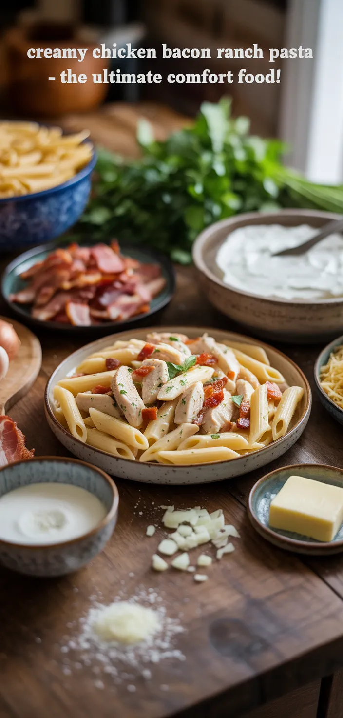 Ingredients photo for Creamy Chicken Bacon Ranch Pasta – The Ultimate Comfort Food! Recipe
