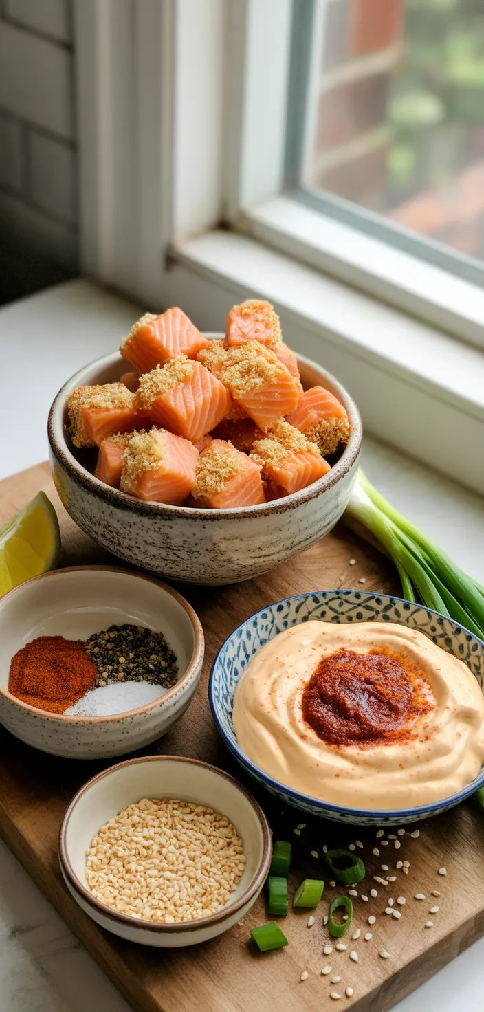 Ingredients photo for Crispy Bang Bang Salmon Bites (Sweet & Spicy) Recipe