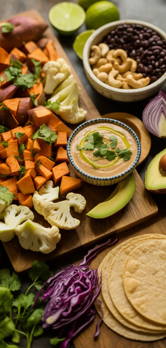 Ingredients photo for Roasted Sweet Potato & Cauliflower Tacos With Cashew Crema Recipe