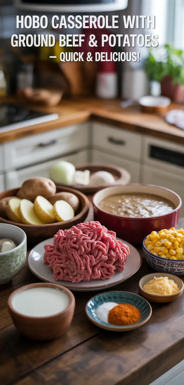 Ingredients photo for Hobo Casserole With Ground Beef & Potatoes – Quick & Delicious! Recipe