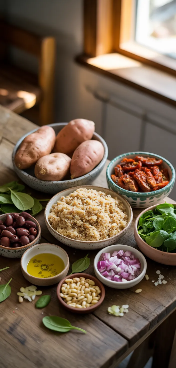 Ingredients photo for Vegan Stuffed Sweet Potatoes With Mediterranean Quinoa Recipe