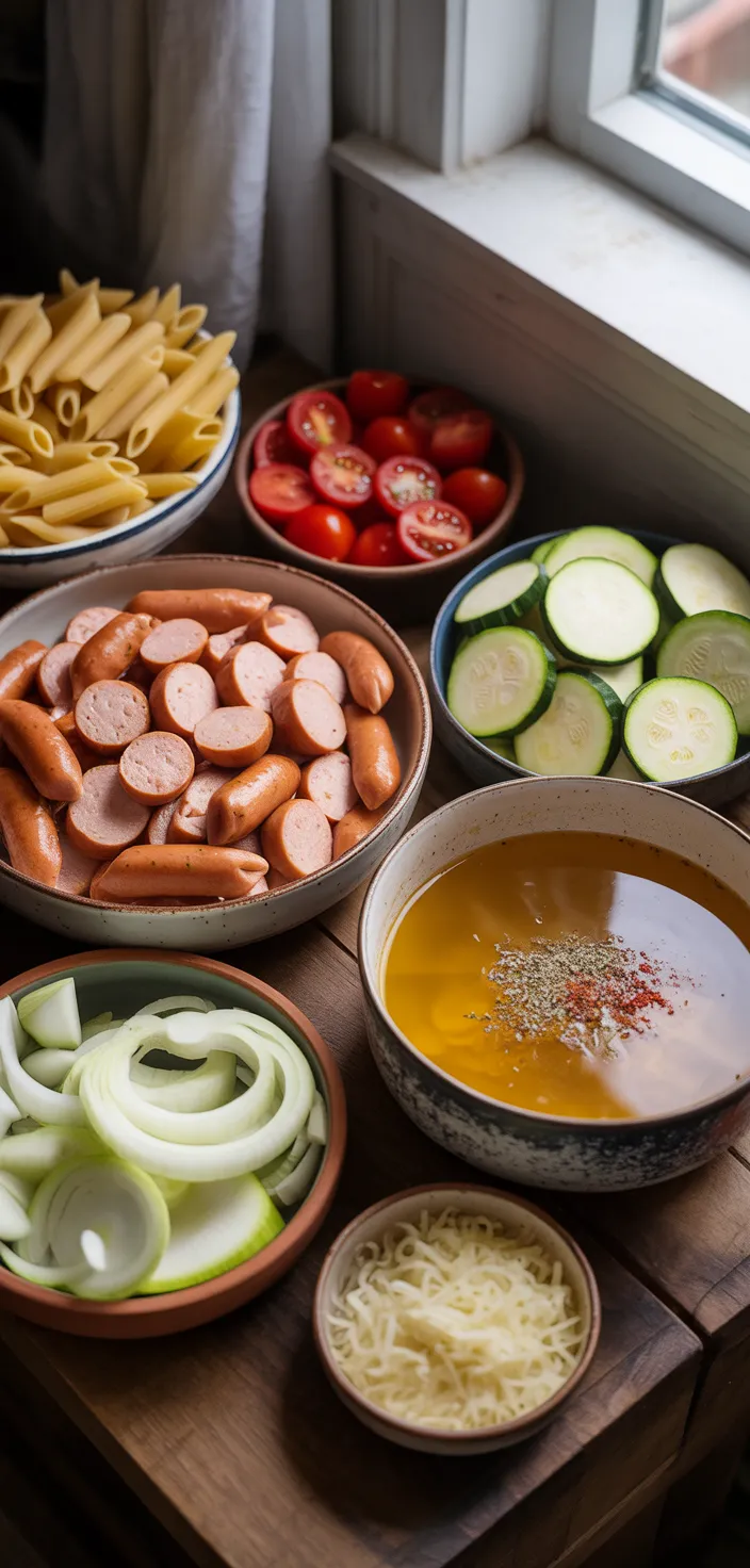 Ingredients photo for Chicken Sausages With Zucchini, Tomatoes, And Pasta – Flavorful One Recipe