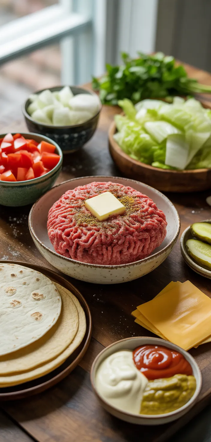 Ingredients photo for Smash Burger Tacos Recipe