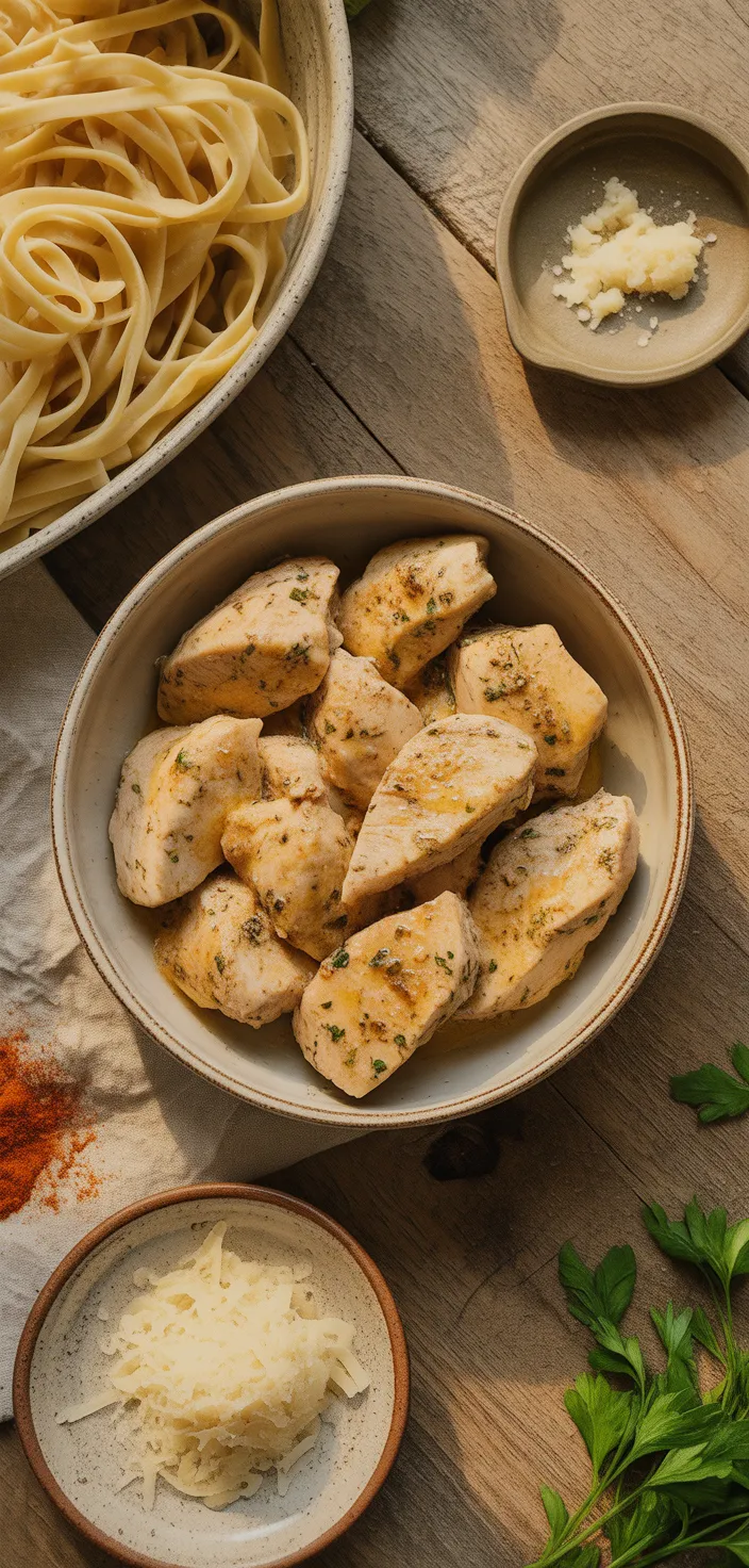 Ingredients photo for Garlic Butter Chicken Bites With Creamy Parmesan Pasta – Easy Comfort Meal Recipe