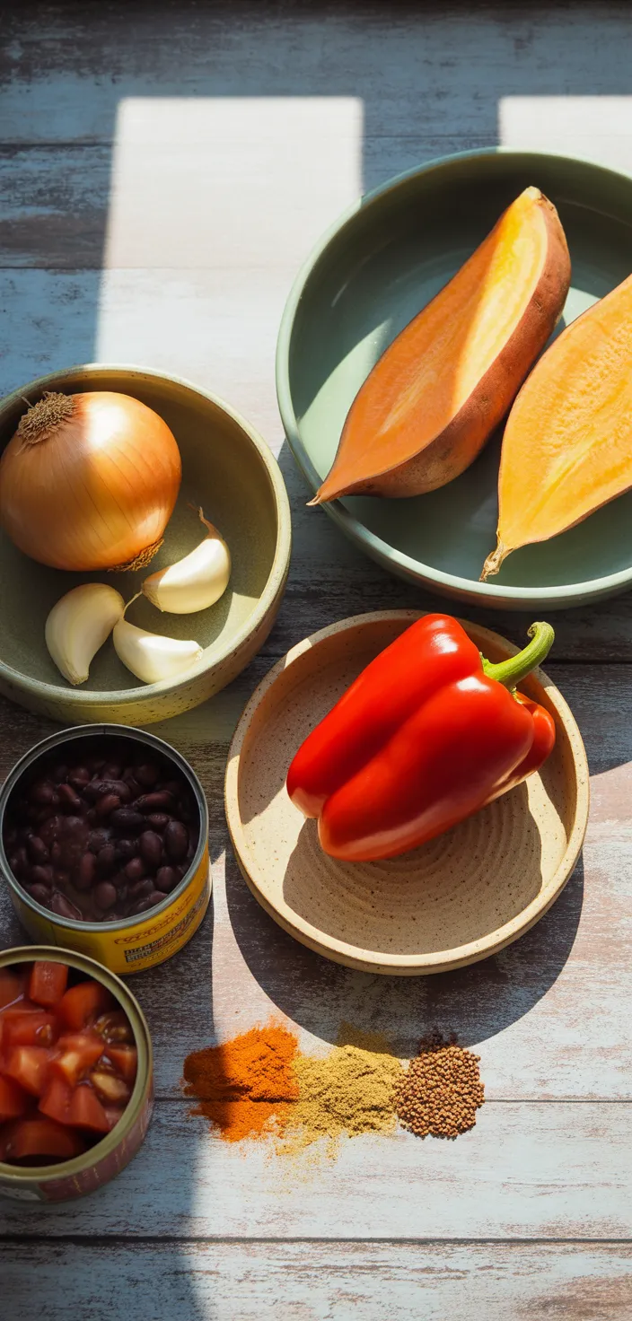 Ingredients photo for Sweet Potato Black Bean Chili (Easy + Vegan) Recipe