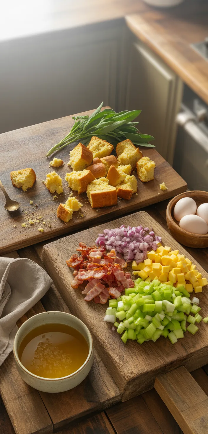 Ingredients photo for Corn Bread Stuffing With Bacon And Sage From The Food Charlatan. Recipe