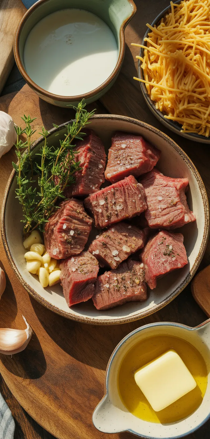 Ingredients photo for Garlic Butter Steak Tips With Cheesy Rigatoni Recipe