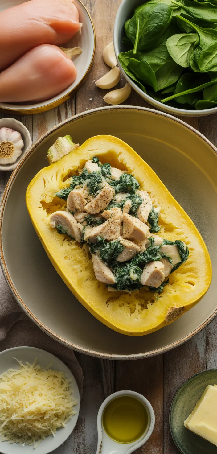 Ingredients photo for Garlic Parmesan Stuffed Spaghetti Squash W/ Chicken & Spinach Recipe