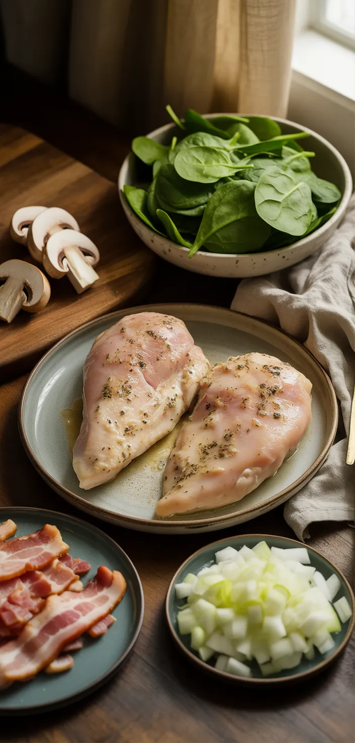 Ingredients photo for Smothered Chicken With Creamed Spinach Bacon And Mushrooms Recipe