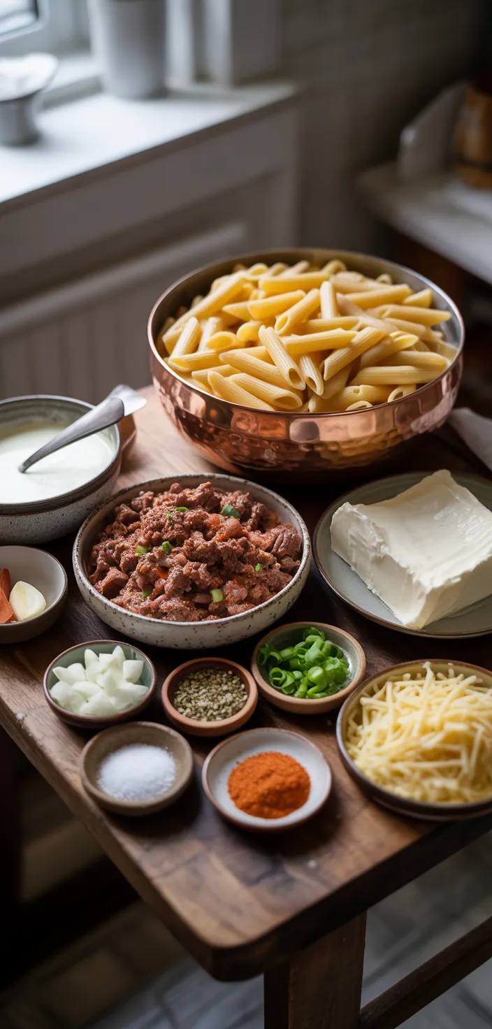 Ingredients photo for Cheesy Penne With Garlic Butter Ground Beef Recipe