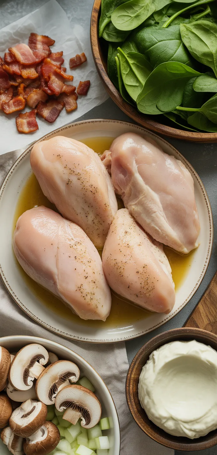 Ingredients photo for Rich & Creamy Smothered Chicken With Spinach, Bacon & Mushrooms – So Indulgent!  Recipe