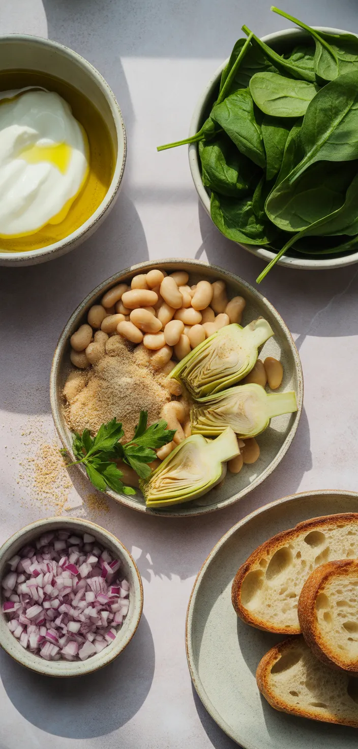 Ingredients photo for Creamy Spinach Artichoke Bean Sandwich Delight Recipe